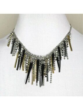 Adia Kibur Statement Necklace Bib Fringe Spikes Chain Rhinestones Collar Choker